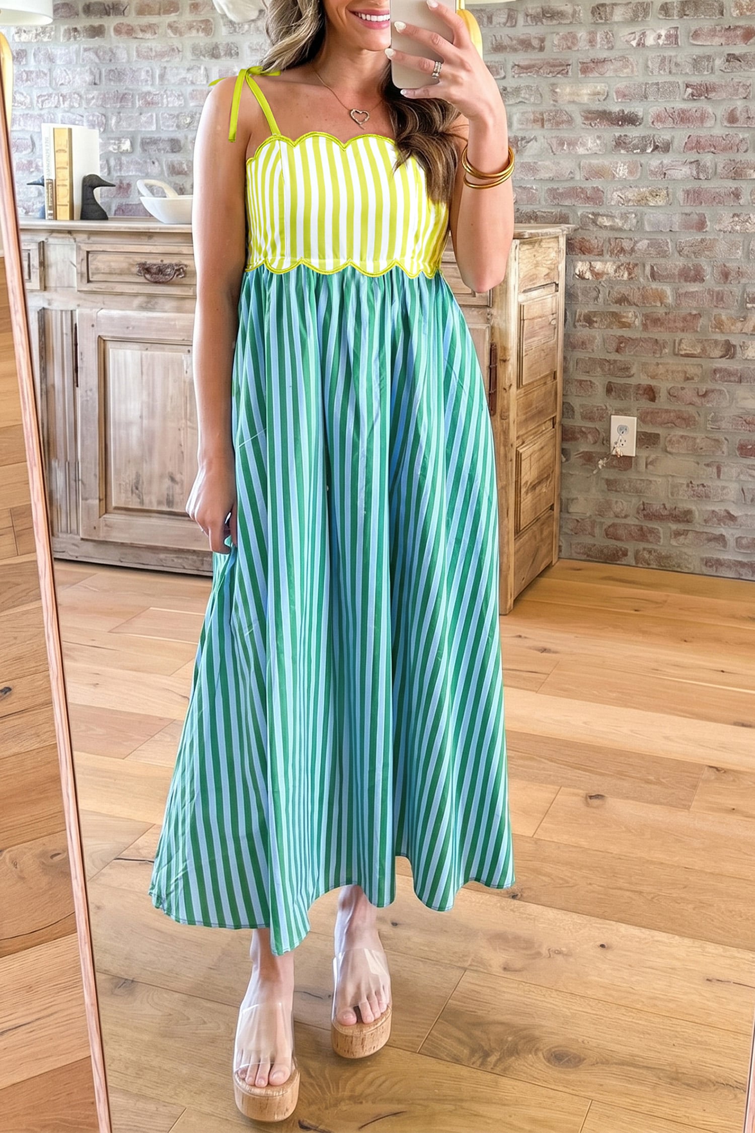 Green Stripe Scalloped Contrast Patchwork Knot Strap Midi Dress