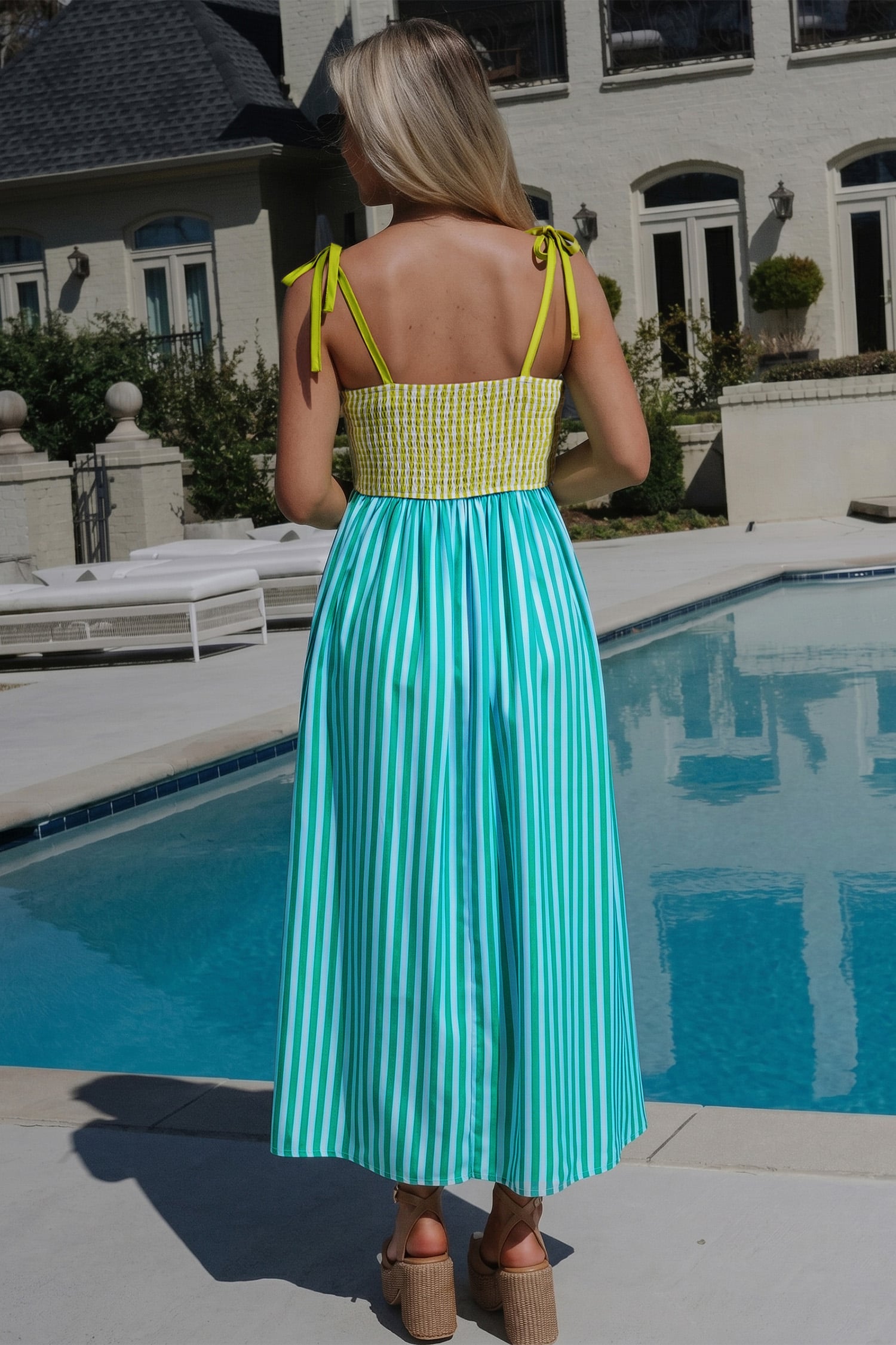 Green Stripe Scalloped Contrast Patchwork Knot Strap Midi Dress