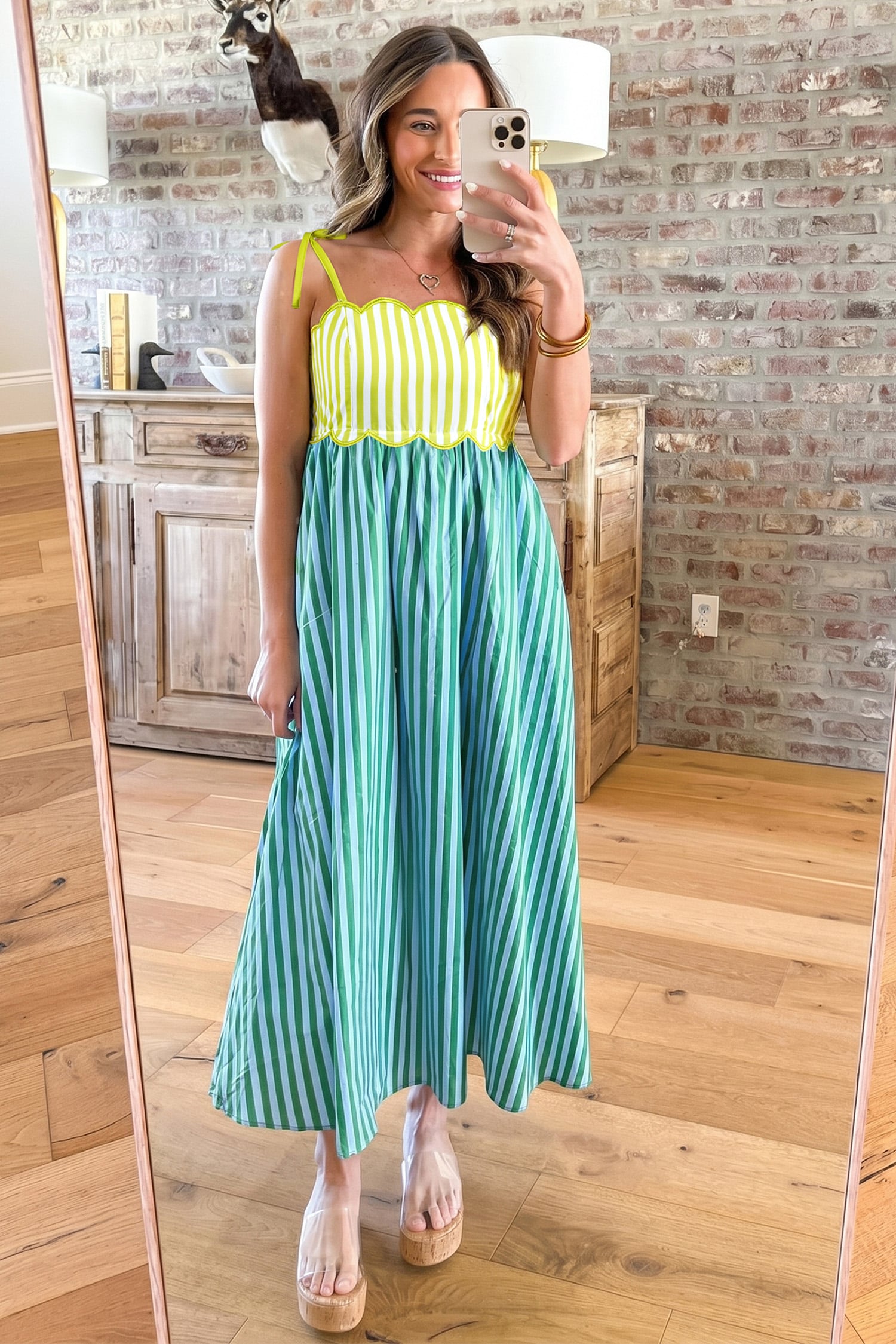 Green Stripe Scalloped Contrast Patchwork Knot Strap Midi Dress