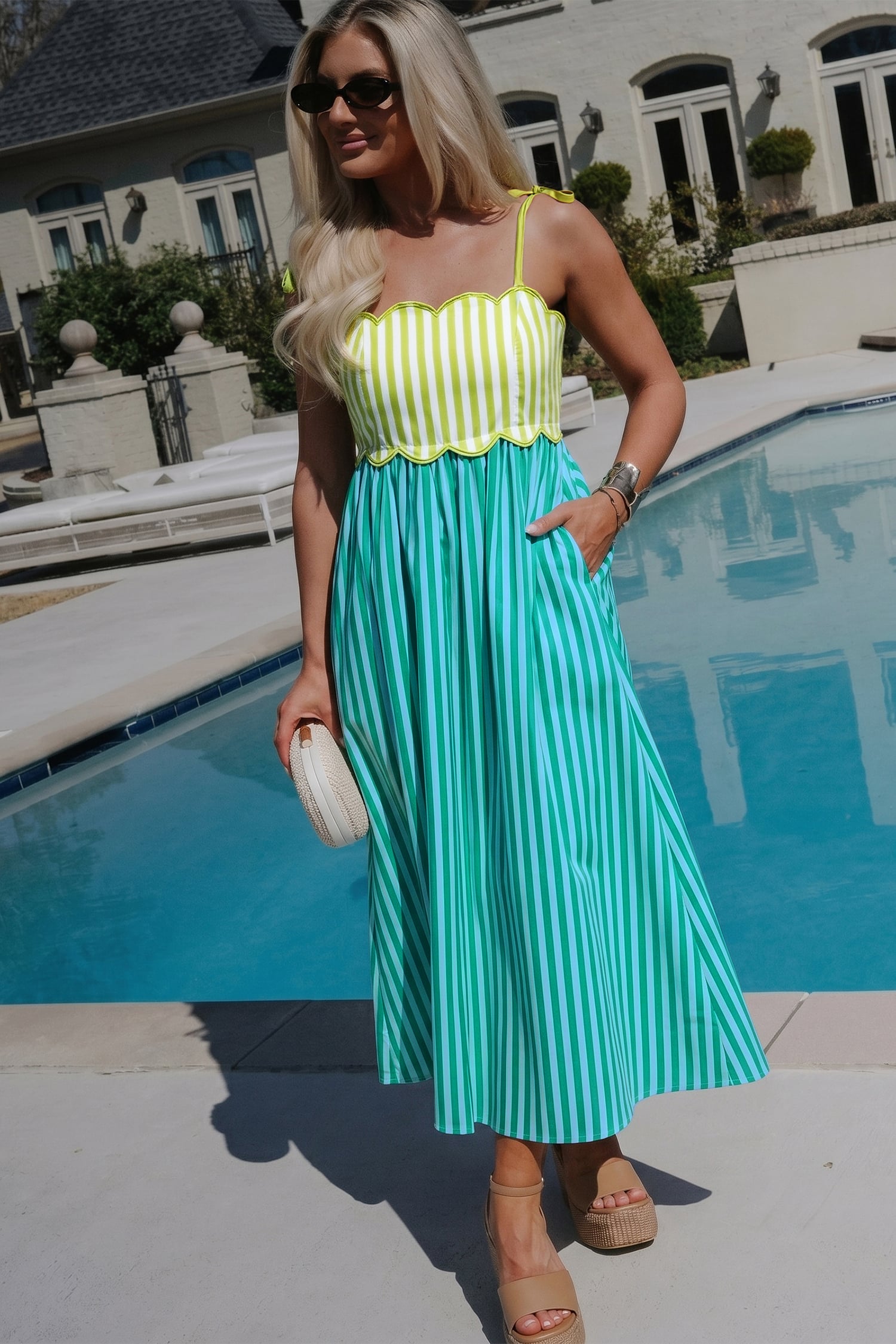 Green Stripe Scalloped Contrast Patchwork Knot Strap Midi Dress