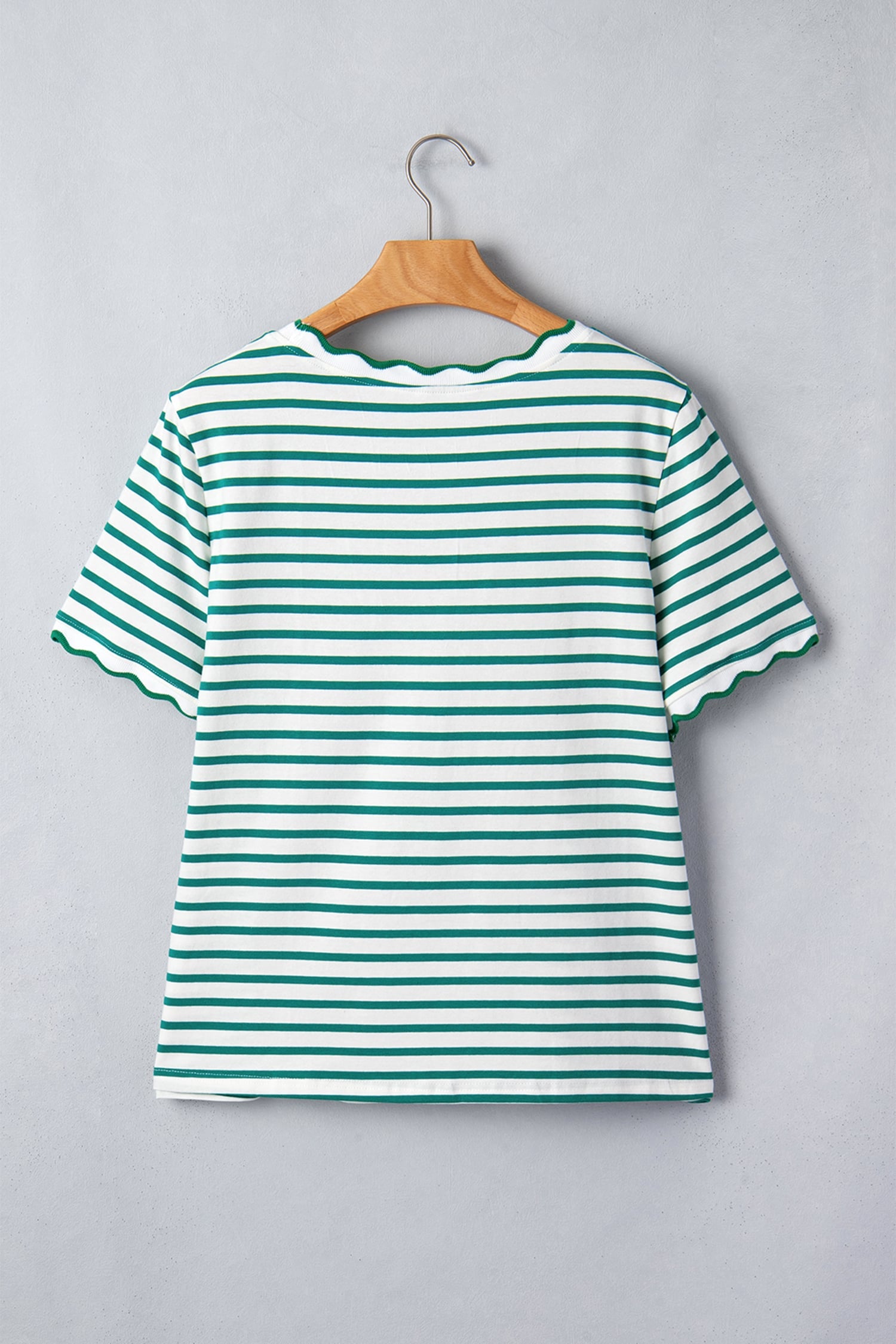 Green Stripe Scalloped Trim Round Neck T Shirt