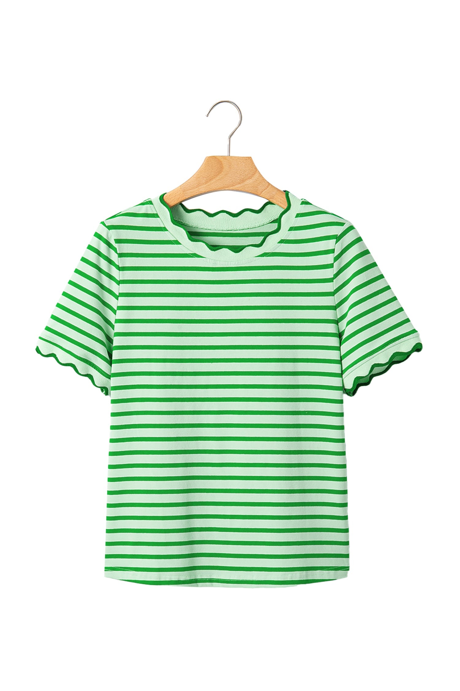 Green Stripe Scalloped Trim Round Neck T Shirt