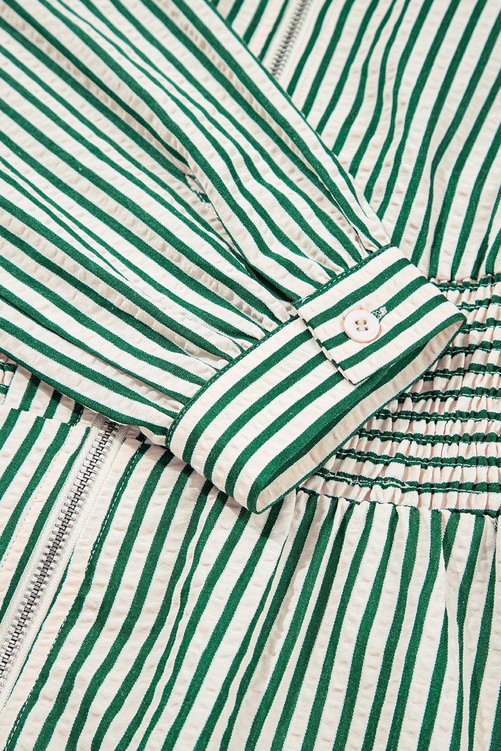 Green Stripe V Neck Zip Front Cinched High Waist Midi Dress