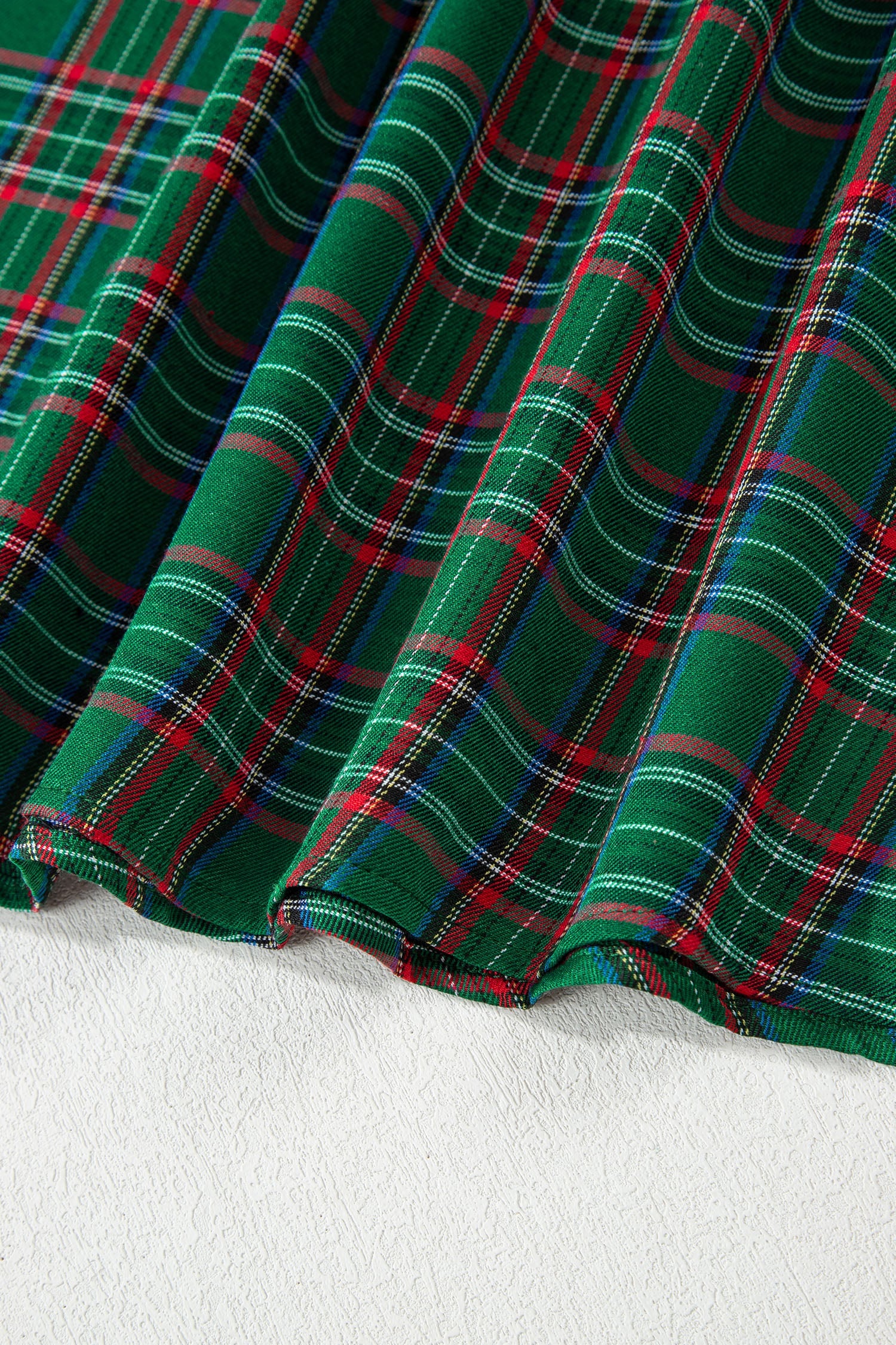 Green Tartan Plaid Square Neck Puff Sleeve Knot Waist Flared Midi Dress