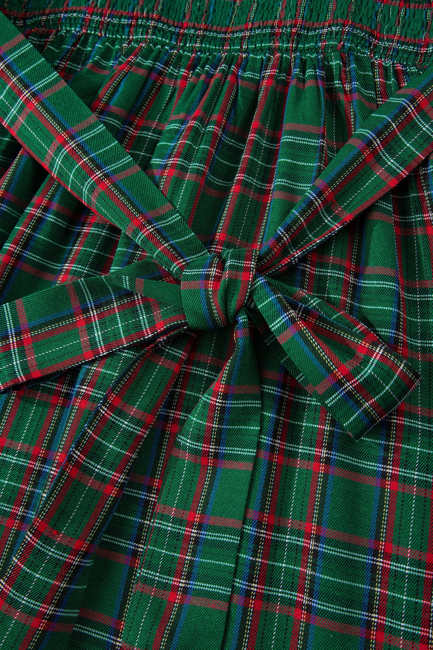Green Tartan Plaid Square Neck Puff Sleeve Knot Waist Flared Midi Dress