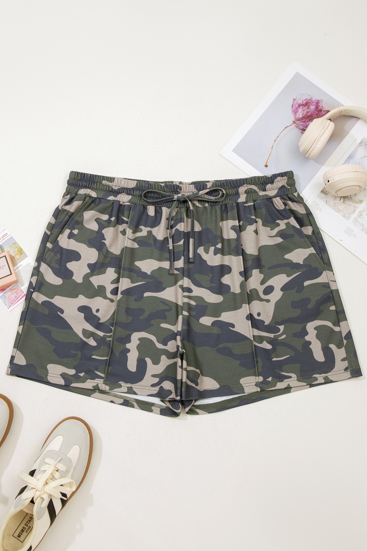 Green Tie Elastic Waist Pocketed Plus Size Camo Shorts