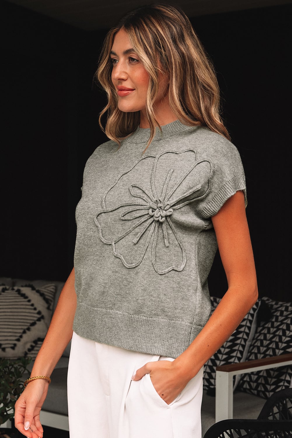 High Flower Pattern Ribbed Trim Short Sleeve Boxy Sweater