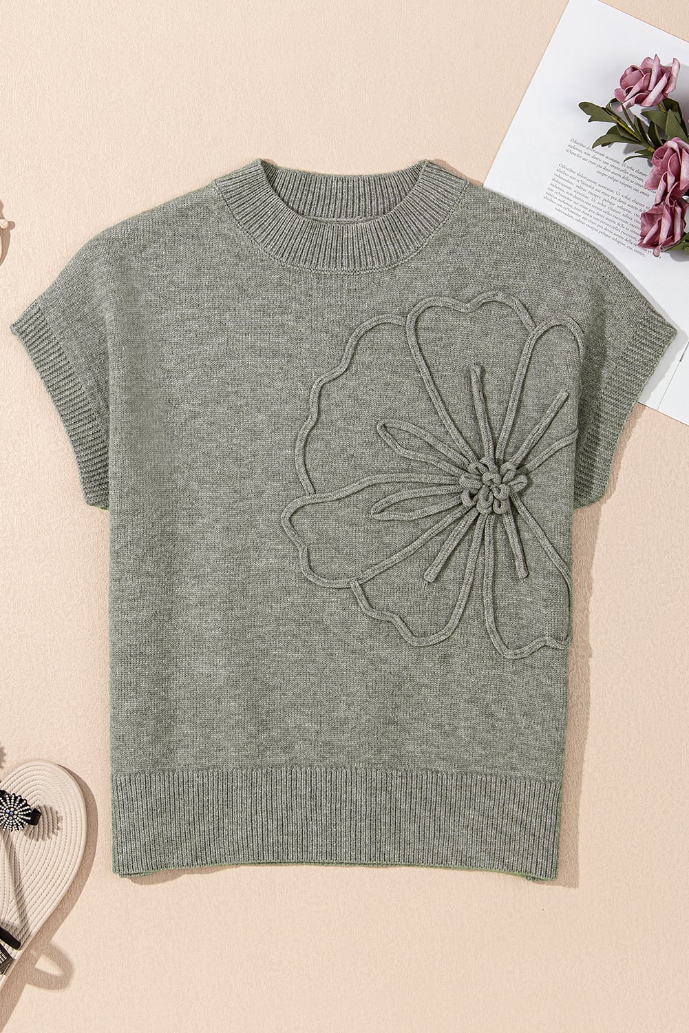 High Flower Pattern Ribbed Trim Short Sleeve Boxy Sweater