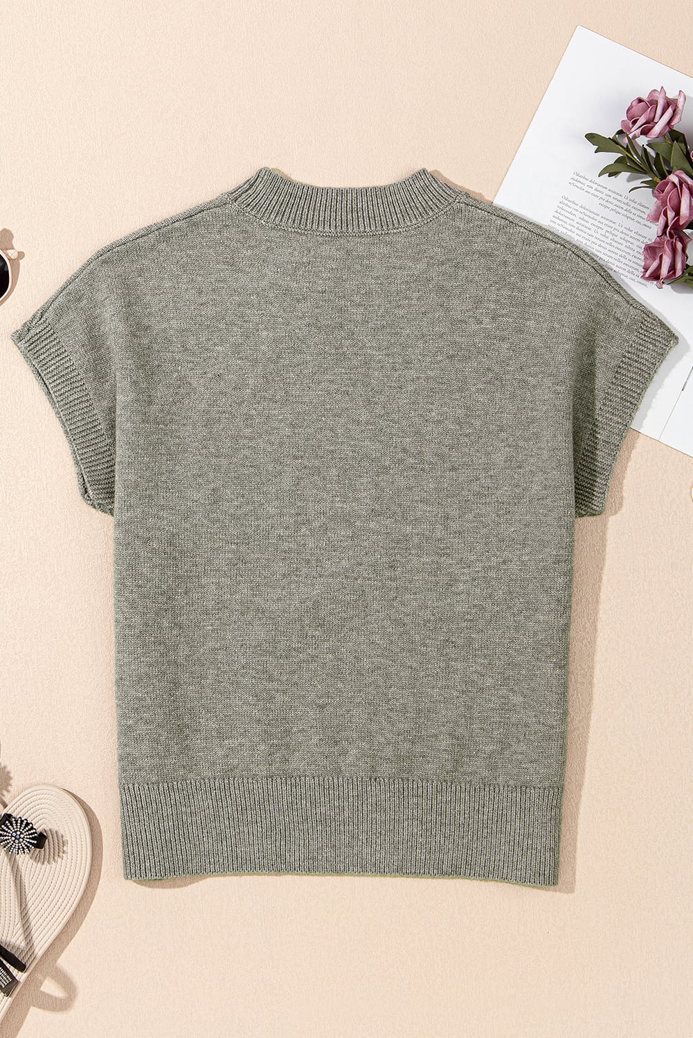 High Flower Pattern Ribbed Trim Short Sleeve Boxy Sweater