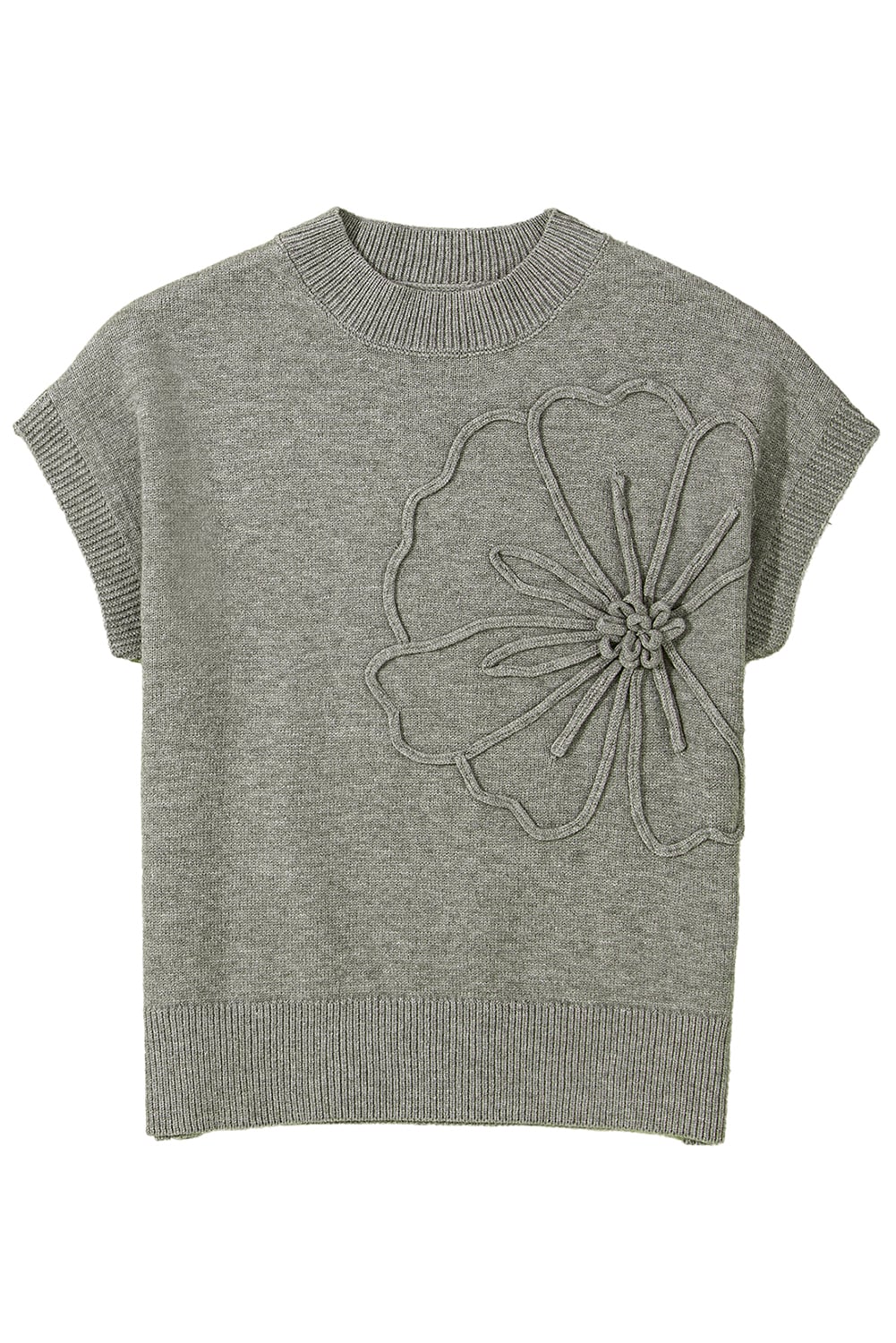 High Flower Pattern Ribbed Trim Short Sleeve Boxy Sweater