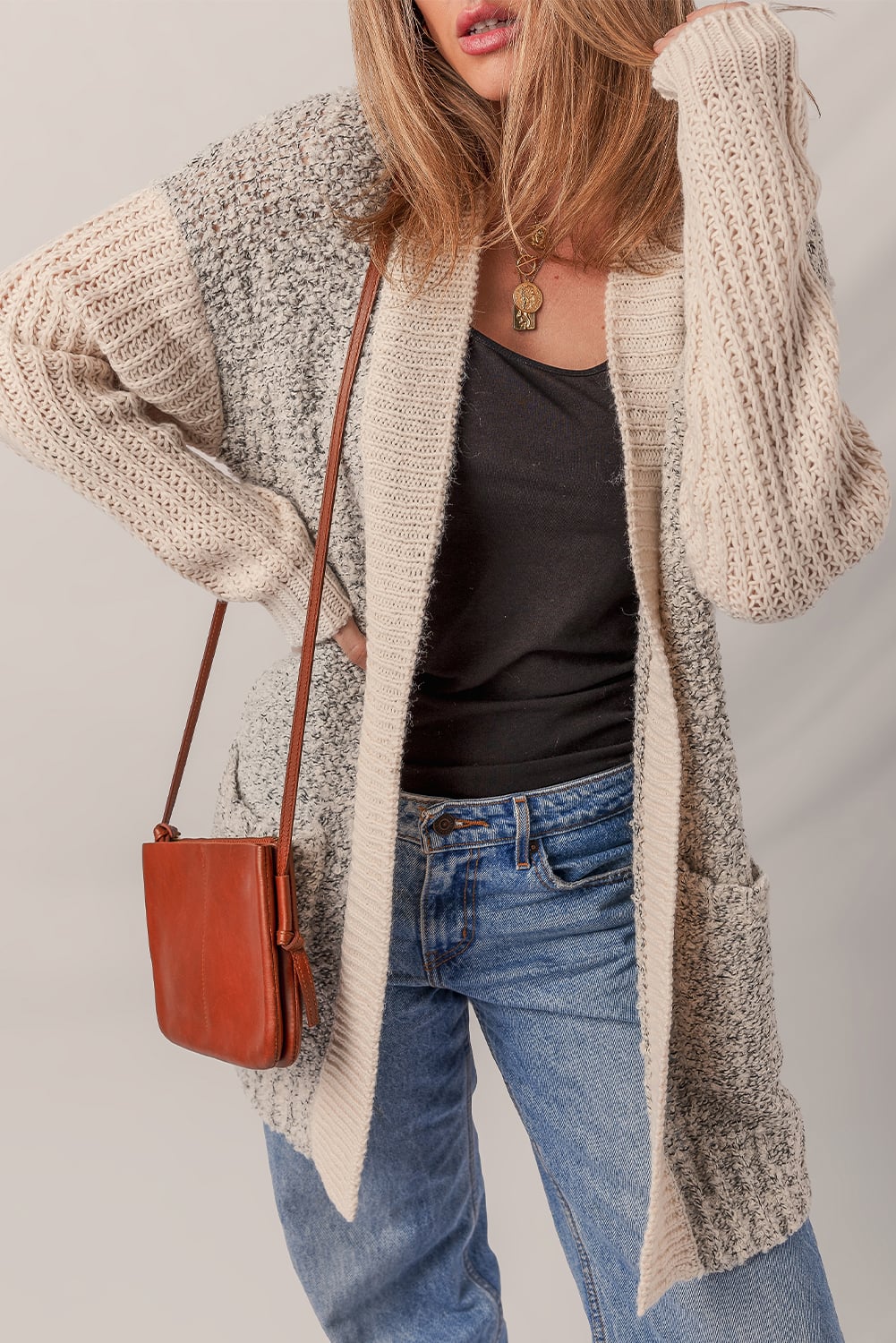 Color Block Side Pockets Open Front Cardigan