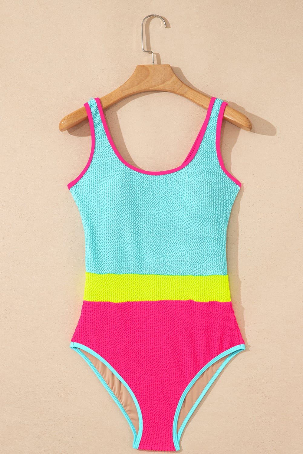 Iceland Blue Textured Color Block Patchwork One Piece Swimsuit