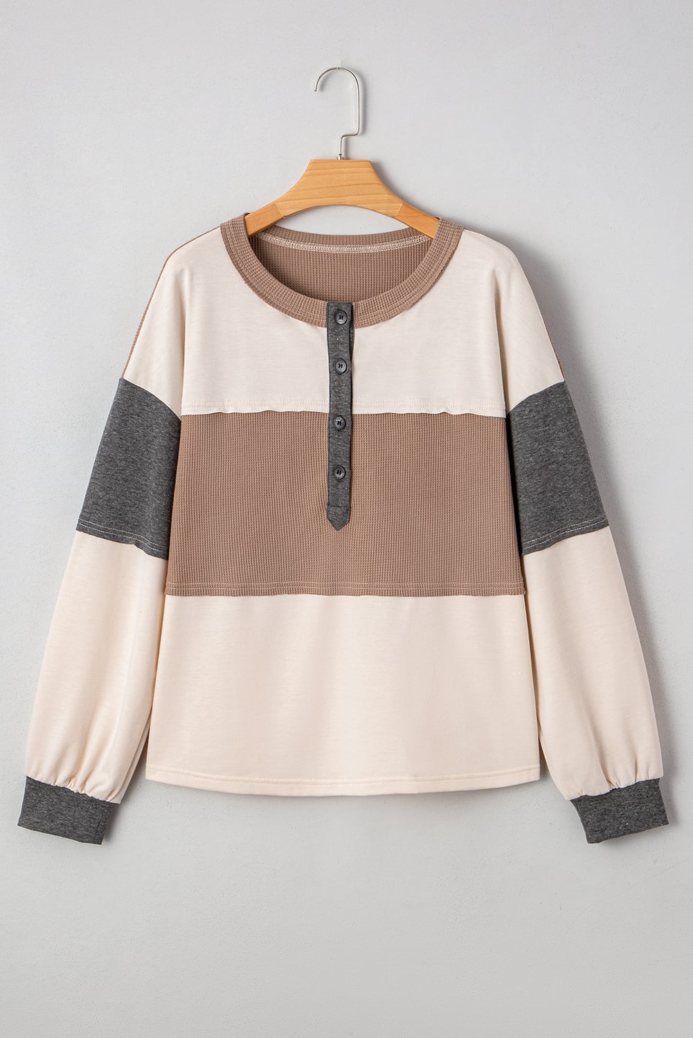 Jet Stream Color Block Waffled Patchwork Loose Henley Top