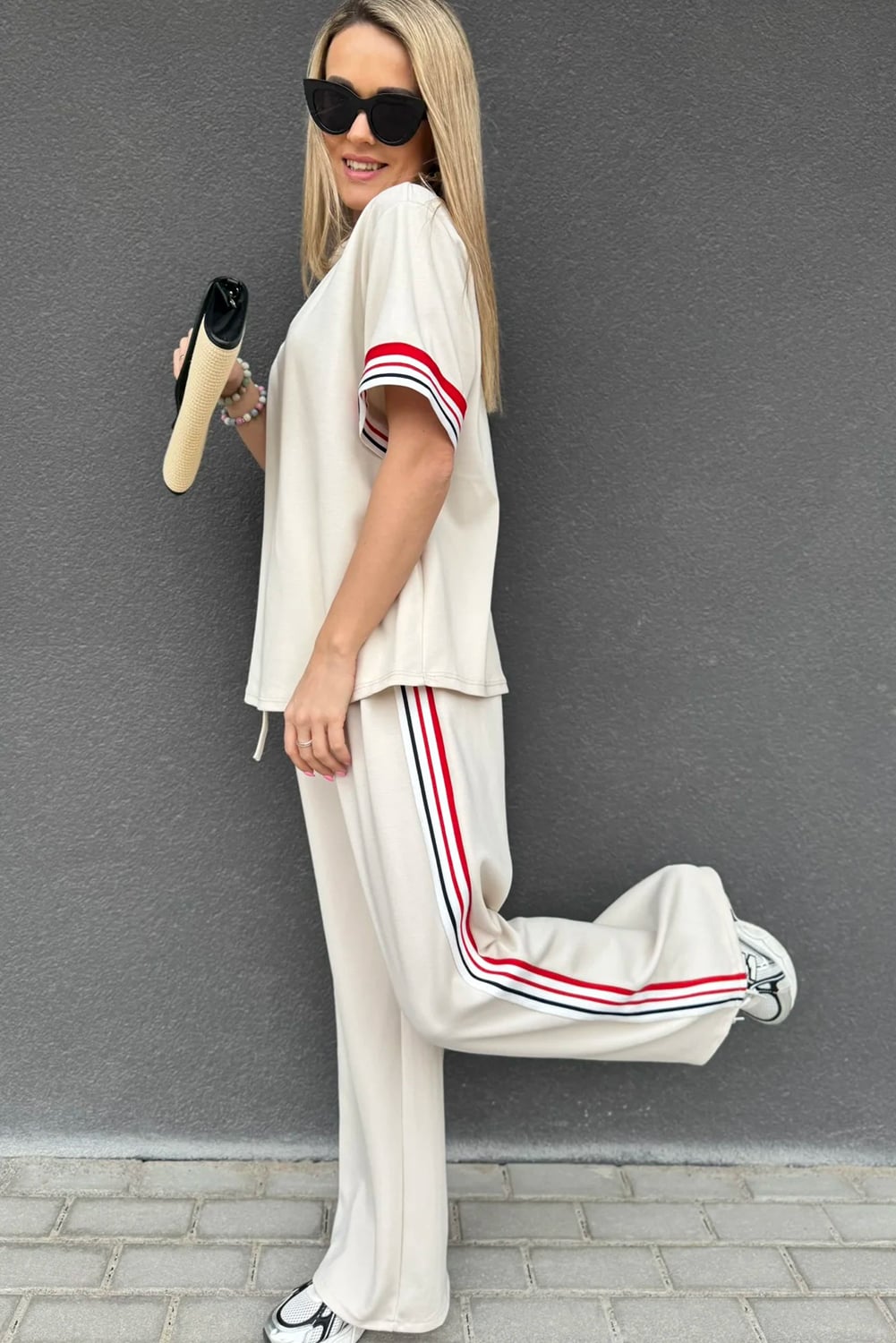 Jet Stream Contrast Striped Trim Crewneck T Shirt Loose Straight Pants Set