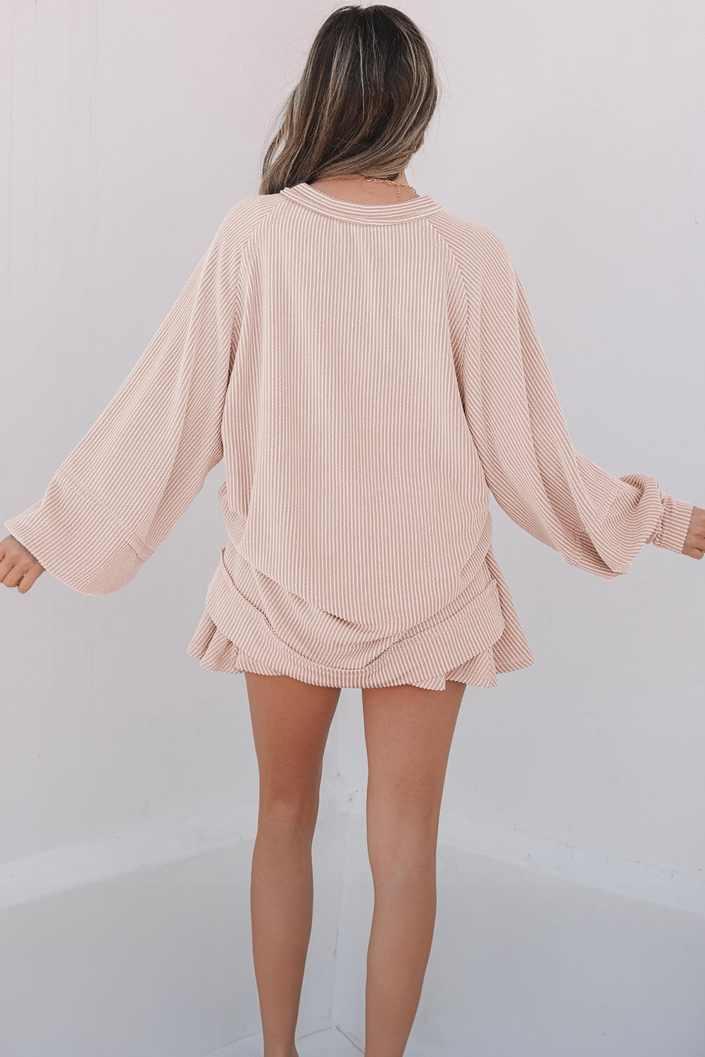 Jet Stream Corded Lantern Sleeve Top High Waist Ruffled Mini Skort Set