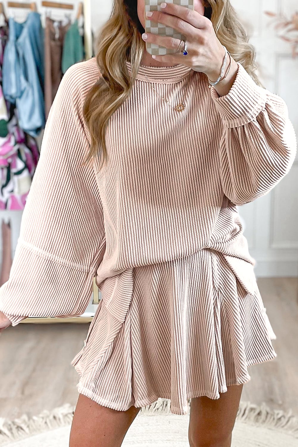 Jet Stream Corded Lantern Sleeve Top High Waist Ruffled Mini Skort Set