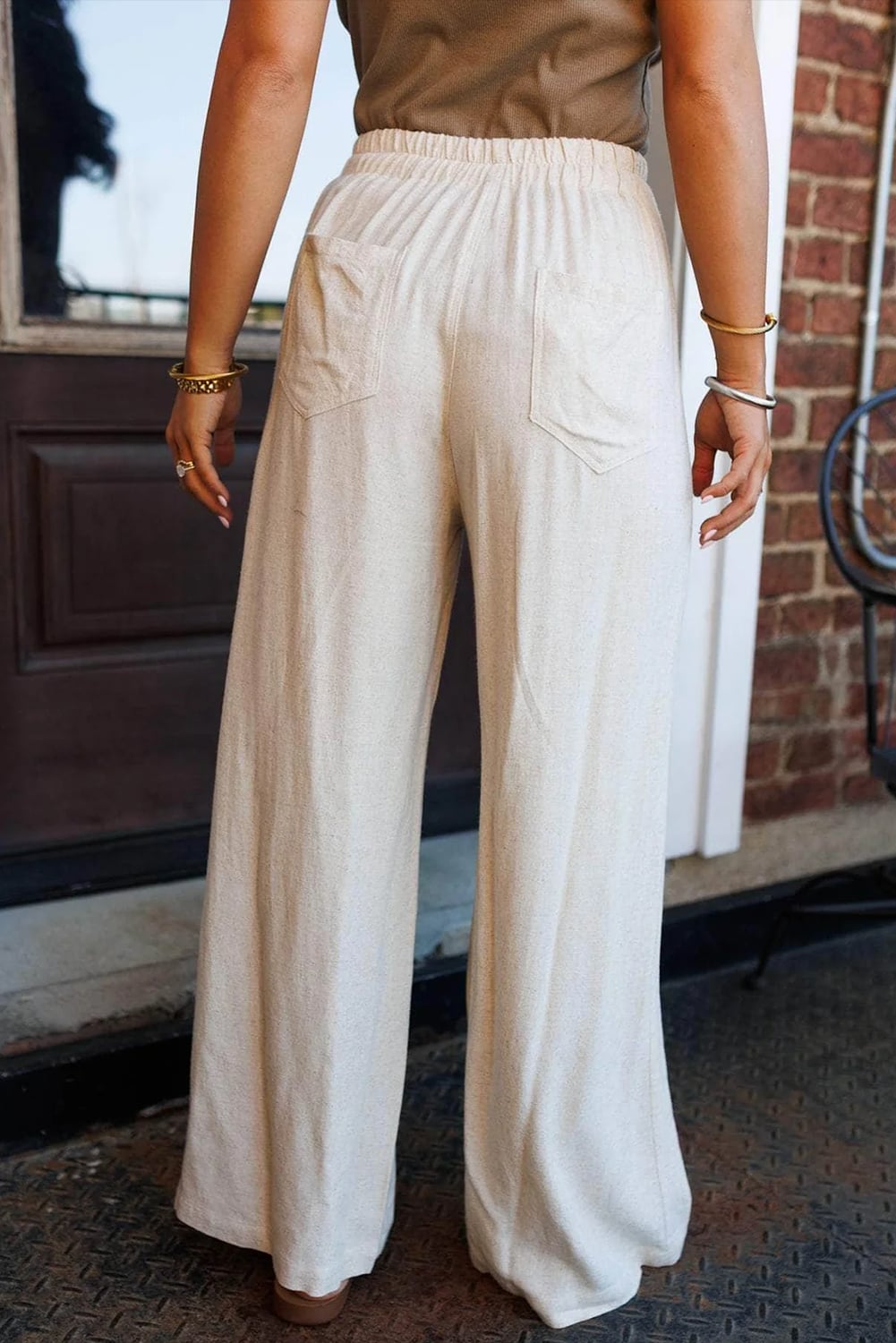 Jet Stream Drawstring Elastic Waist Button Pleated Detail Wide Leg Pants