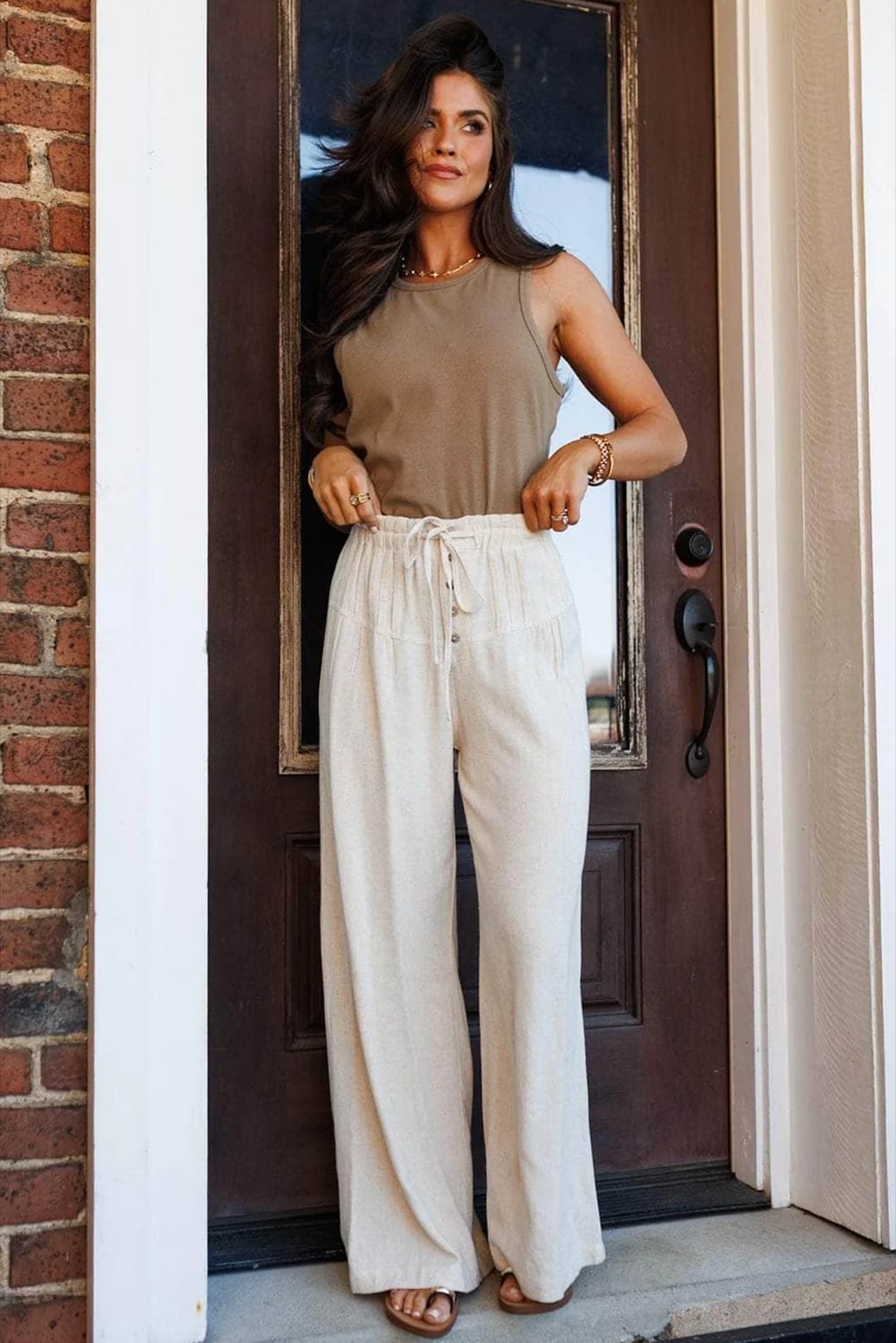 Jet Stream Drawstring Elastic Waist Button Pleated Detail Wide Leg Pants