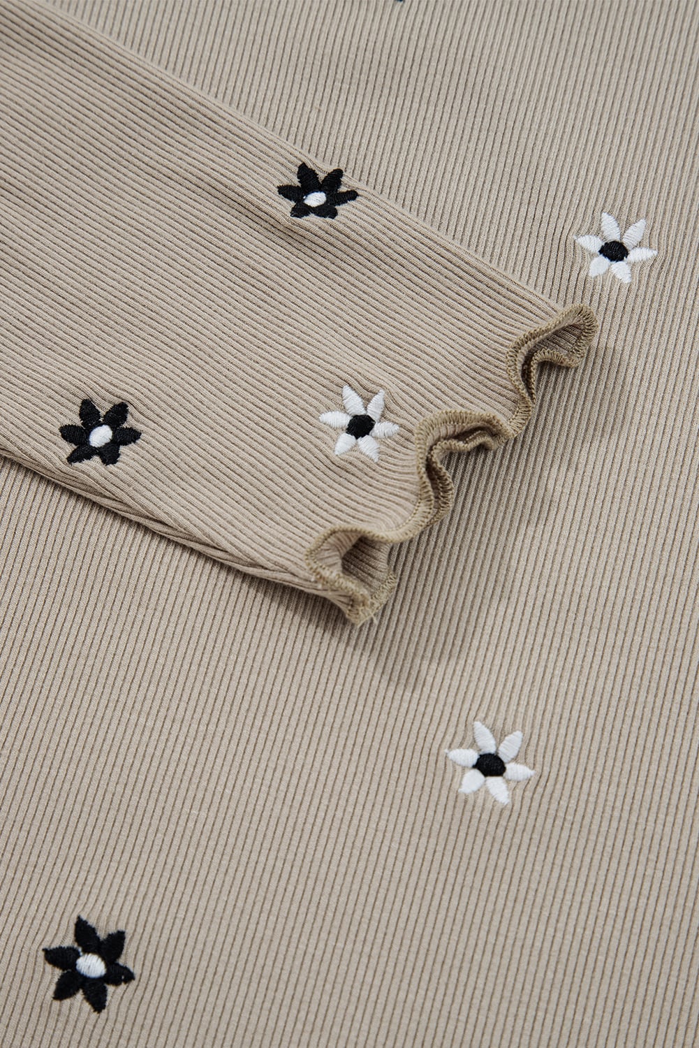 Jet Stream Floral Embroidered Detail Ribbed Long Sleeve Top