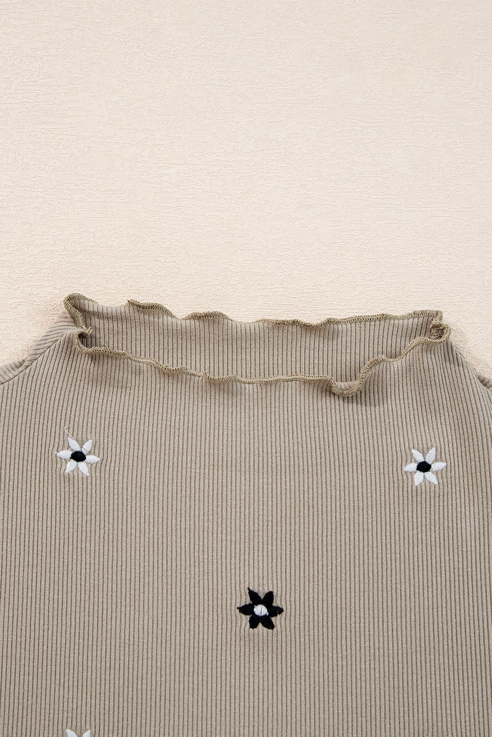 Jet Stream Floral Embroidered Detail Ribbed Long Sleeve Top