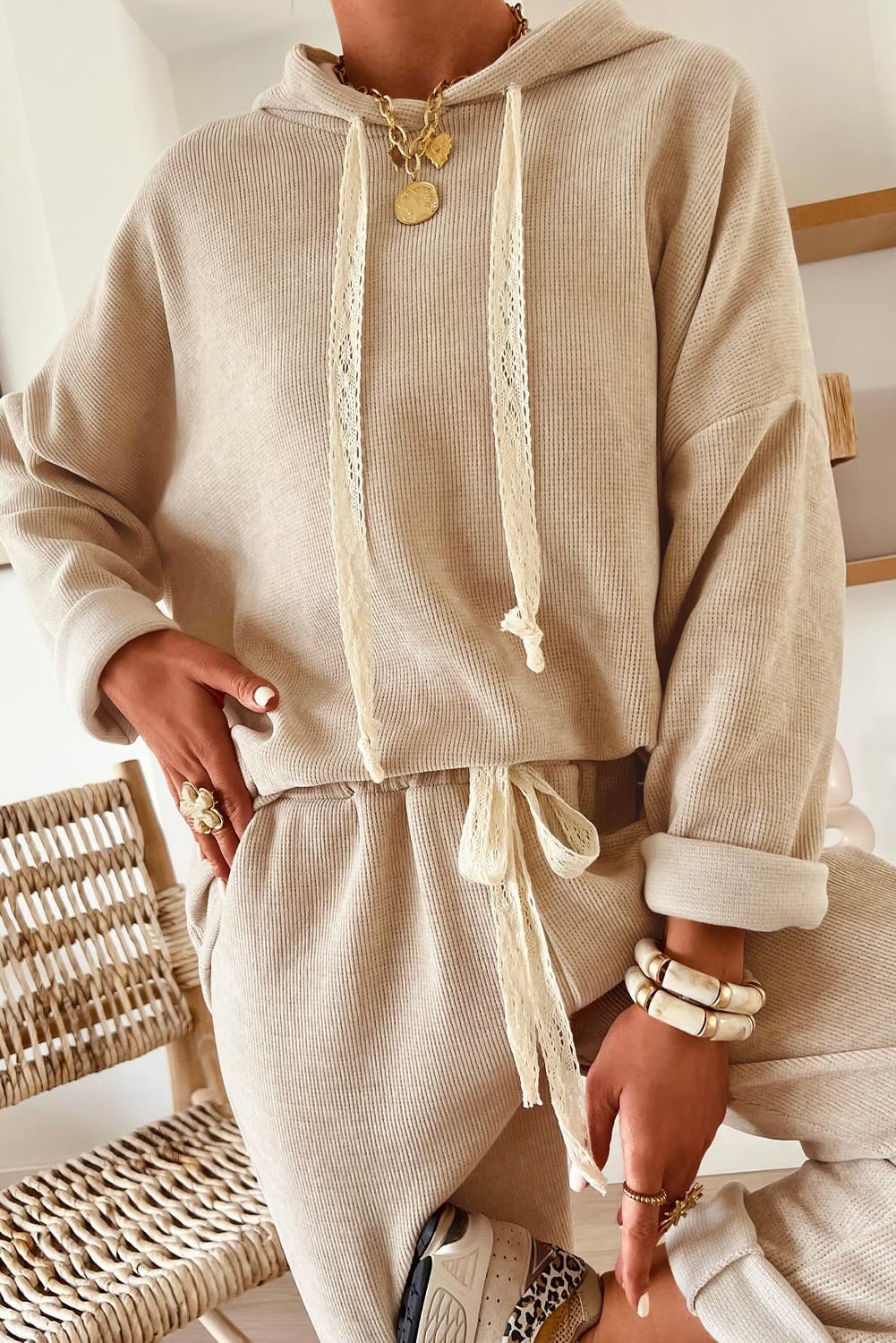 Jet Stream Lace Drawstring Pullover Hoodie and High Waist Pants Corduroy Suit