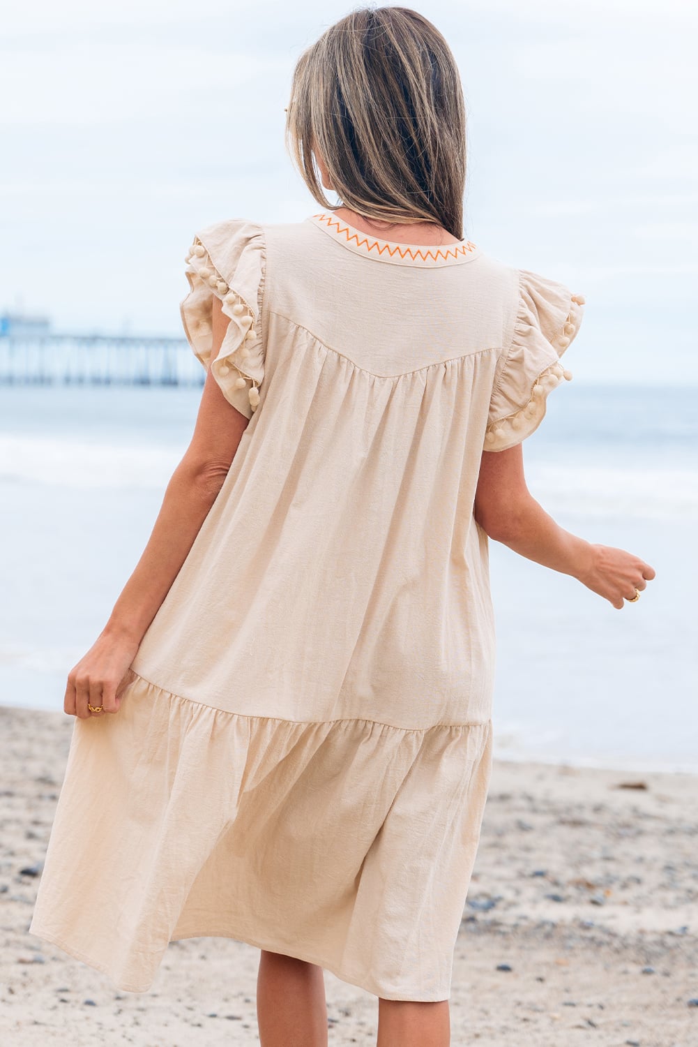 Jet Stream Linen Embroidery Split Neck Pom Pom Ruffle Sleeves Flowy Short Dress
