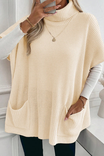 Jet Stream Plain Knit Casual Turtleneck Short Sleeve Tunic Sweater with Pockets