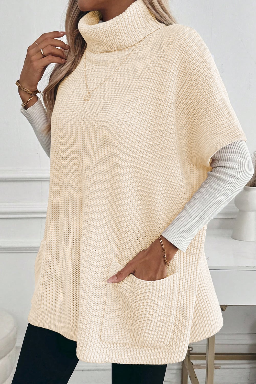 Jet Stream Plain Knit Casual Turtleneck Short Sleeve Tunic Sweater with Pockets