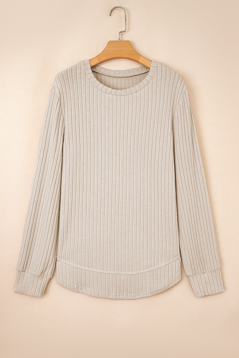Jet Stream Ribbed Texture Round Neck Long Sleeve Rounded Hem Knit Top