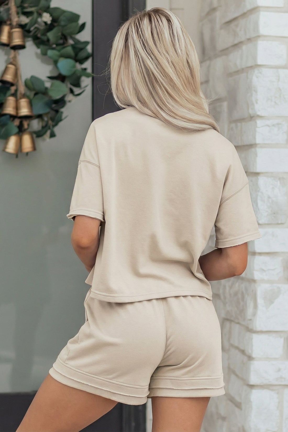 Jet Stream Solid Color Contrast Textured Patchwork Raw Edge 2pcs Short Set