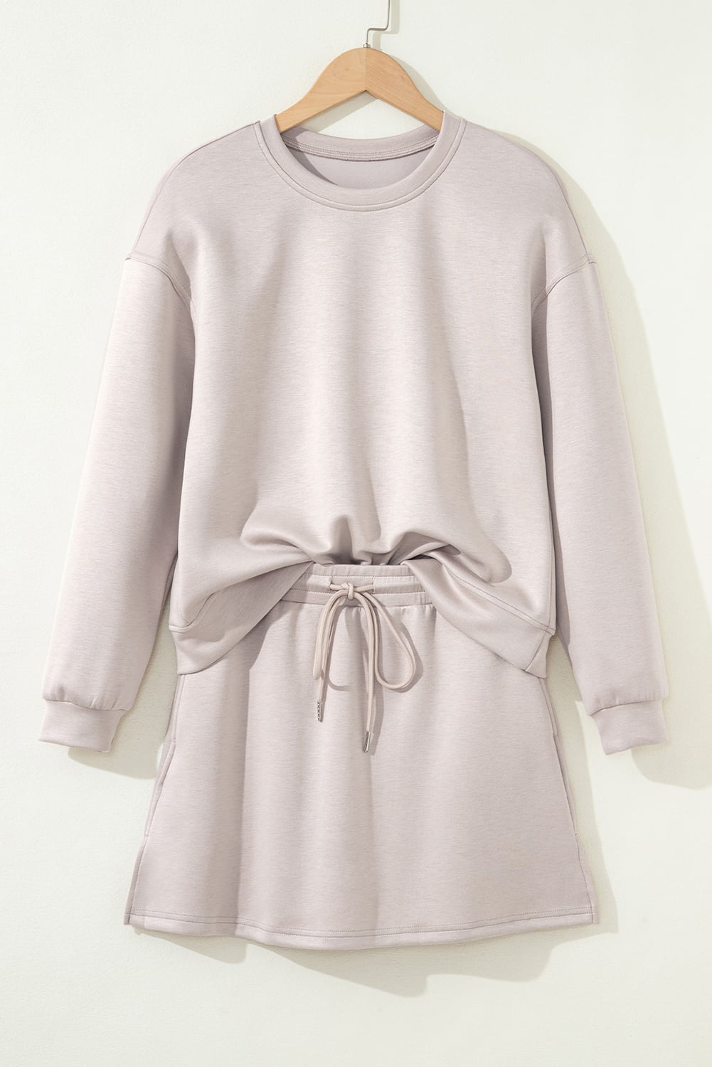 Jet Stream Solid Color Drop Shoulder Pullover Drawstring Mini Skirt 2pcs Outfit