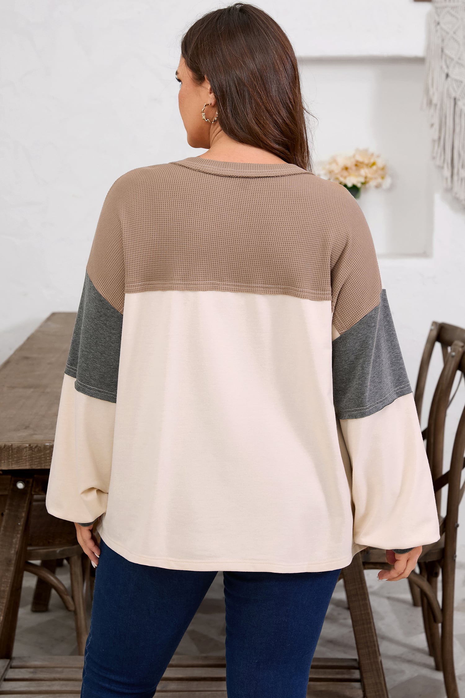 Jet Stream Waffle Patchwork Colorblock Half Buttons Casual Plus Size Knit Jumper