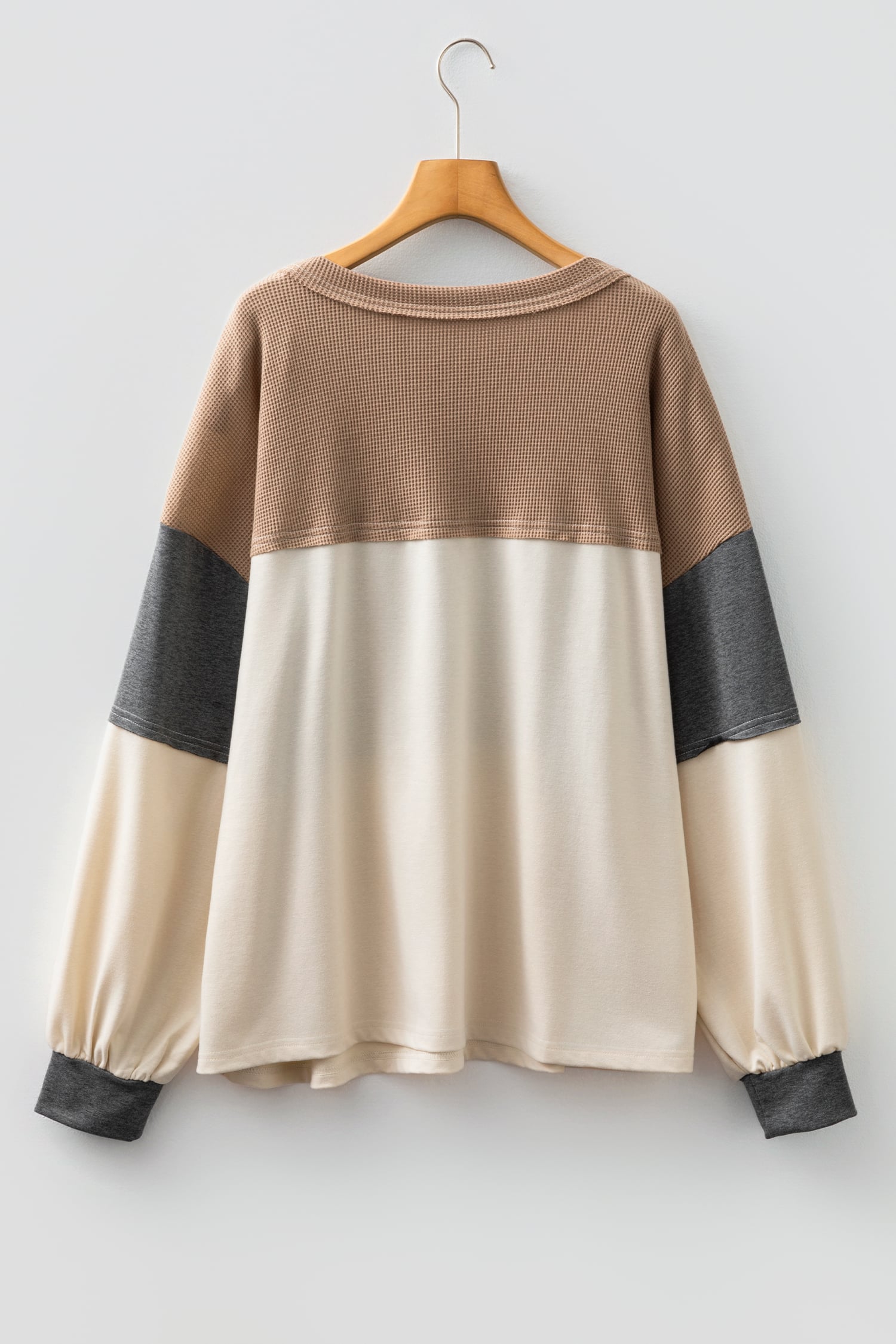 Jet Stream Waffle Patchwork Colorblock Half Buttons Casual Plus Size Knit Jumper