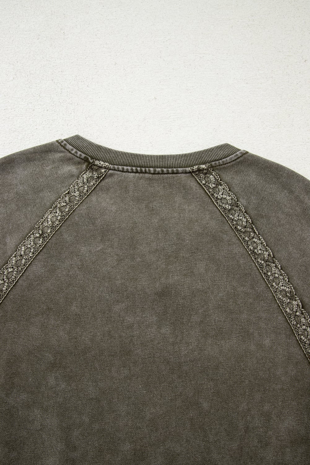 Jungle Green Lace Patchwork Detail Notched Neck Mineral Wash Baggy Sweatshirt