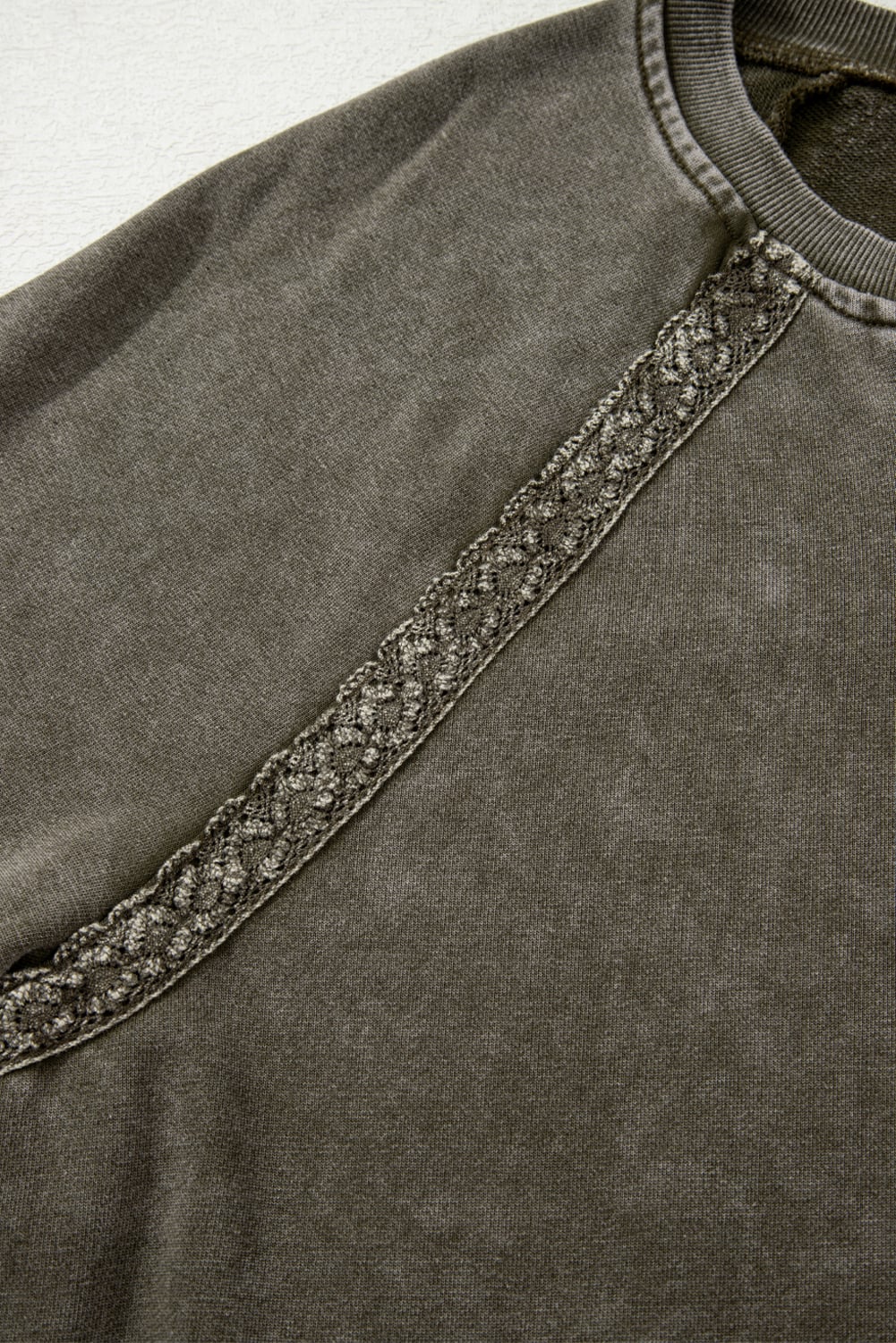 Jungle Green Lace Patchwork Detail Notched Neck Mineral Wash Baggy Sweatshirt
