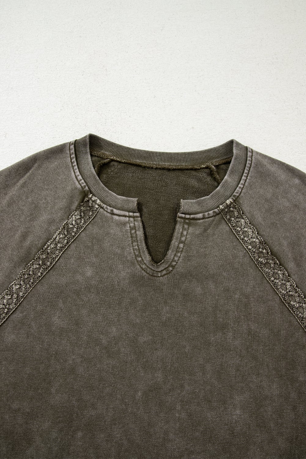Jungle Green Lace Patchwork Detail Notched Neck Mineral Wash Baggy Sweatshirt