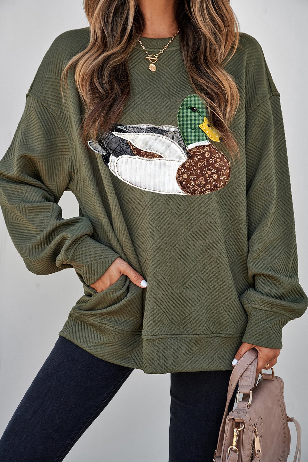 Jungle Green Mallard Print Textured Crewneck Relaxed Sweatshirt