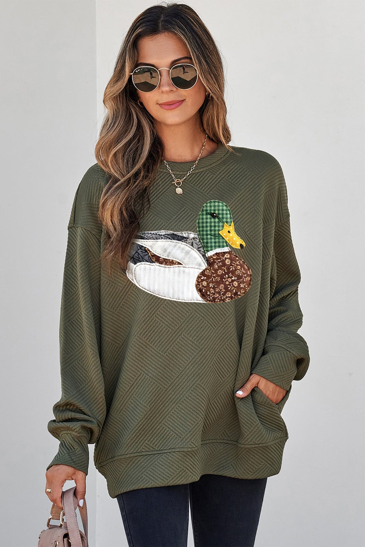 Jungle Green Mallard Print Textured Crewneck Relaxed Sweatshirt