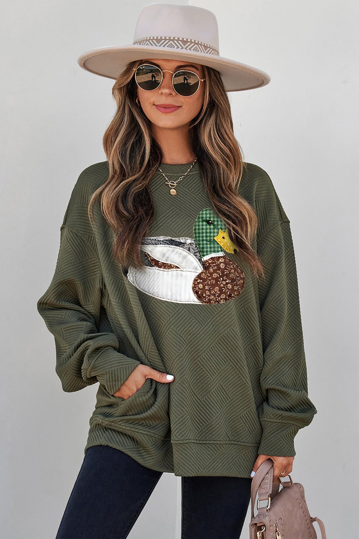 Jungle Green Mallard Print Textured Crewneck Relaxed Sweatshirt