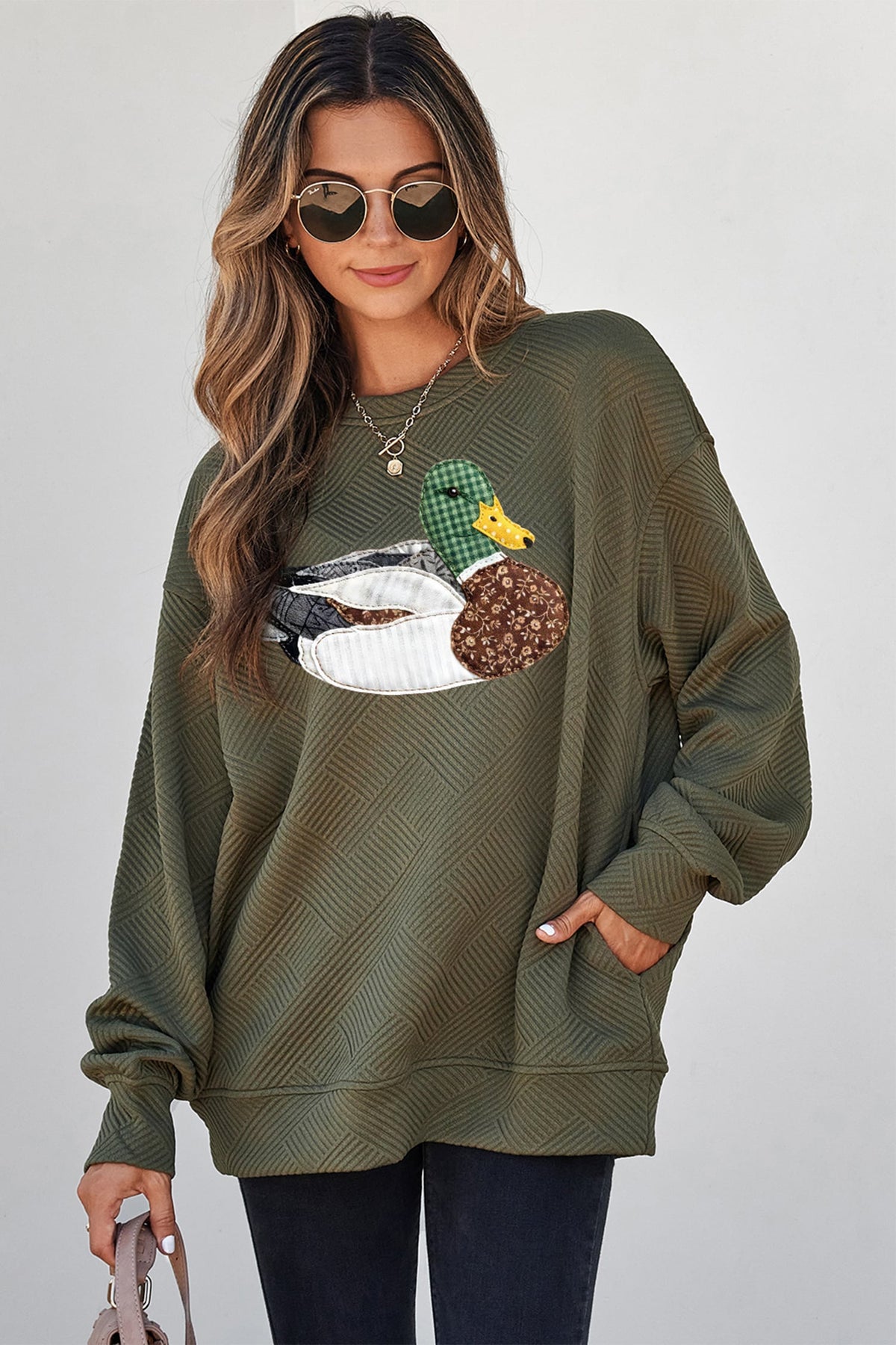 Jungle Green Mallard Print Textured Crewneck Relaxed Sweatshirt