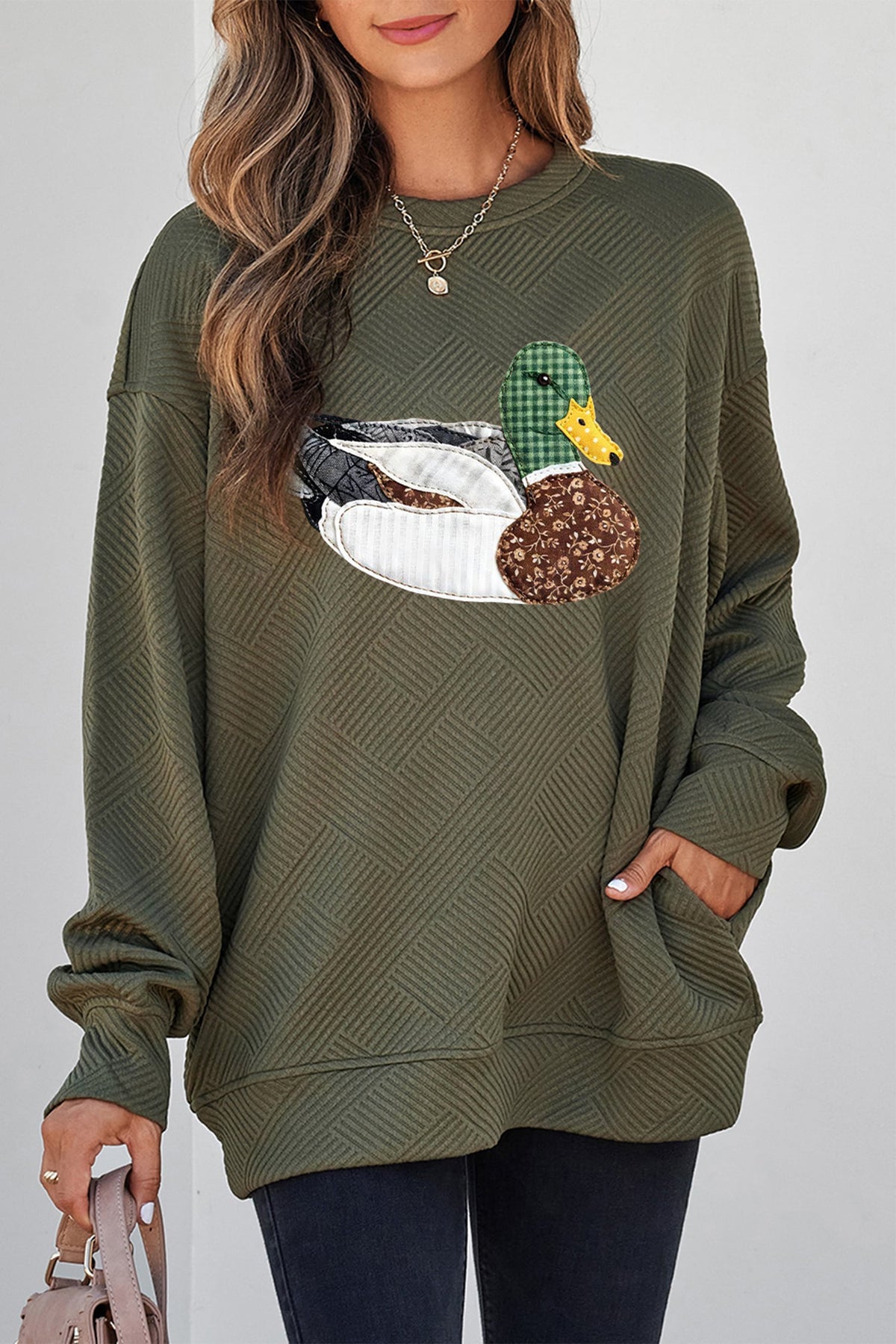 Jungle Green Mallard Print Textured Crewneck Relaxed Sweatshirt