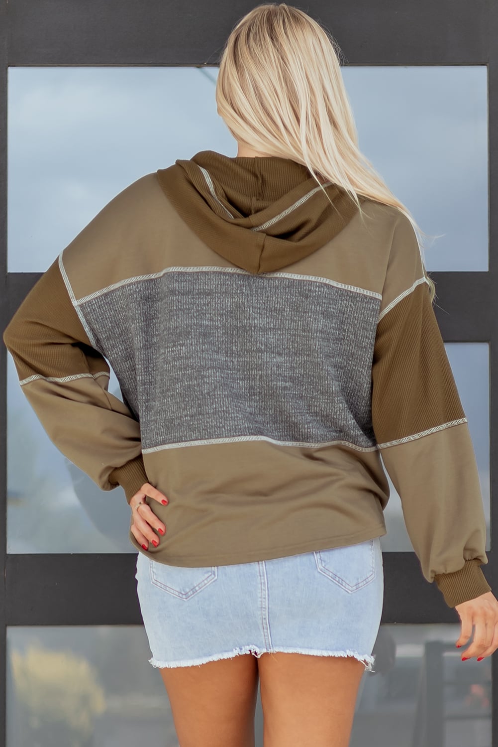 Jungle Green Mixed Texture Patchwork Exposed Seam Half Button Pullover Hooded Sweatshirt