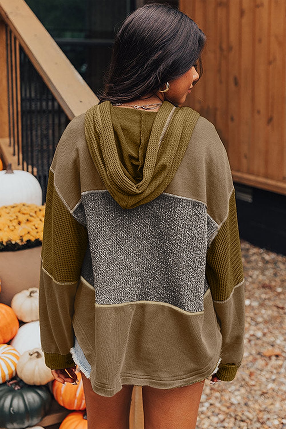 Jungle Green Mixed Texture Patchwork Exposed Seam Half Button Pullover Hooded Sweatshirt