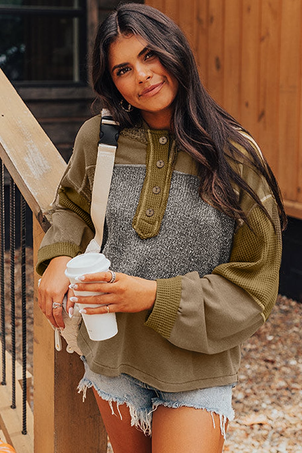 Jungle Green Mixed Texture Patchwork Exposed Seam Half Button Pullover Hooded Sweatshirt