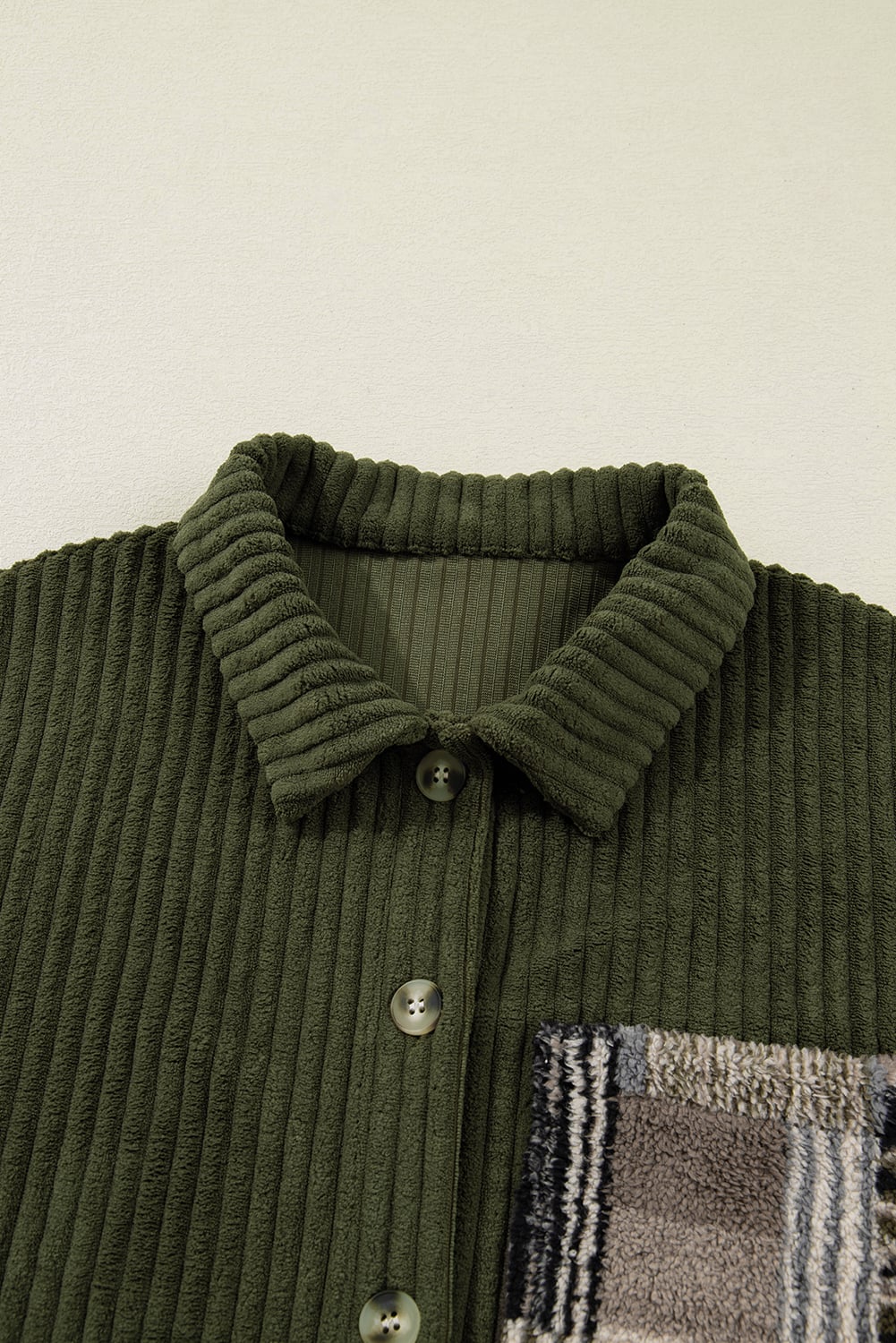 Jungle Green Ribbed Fleece Plaid Print Patchwork Button Up Jacket