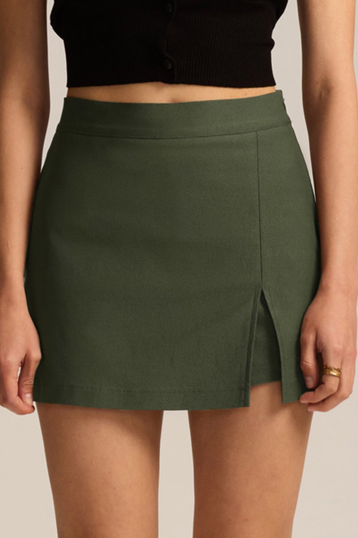 Jungle Green Solid High Waist Split Front Casual Skort