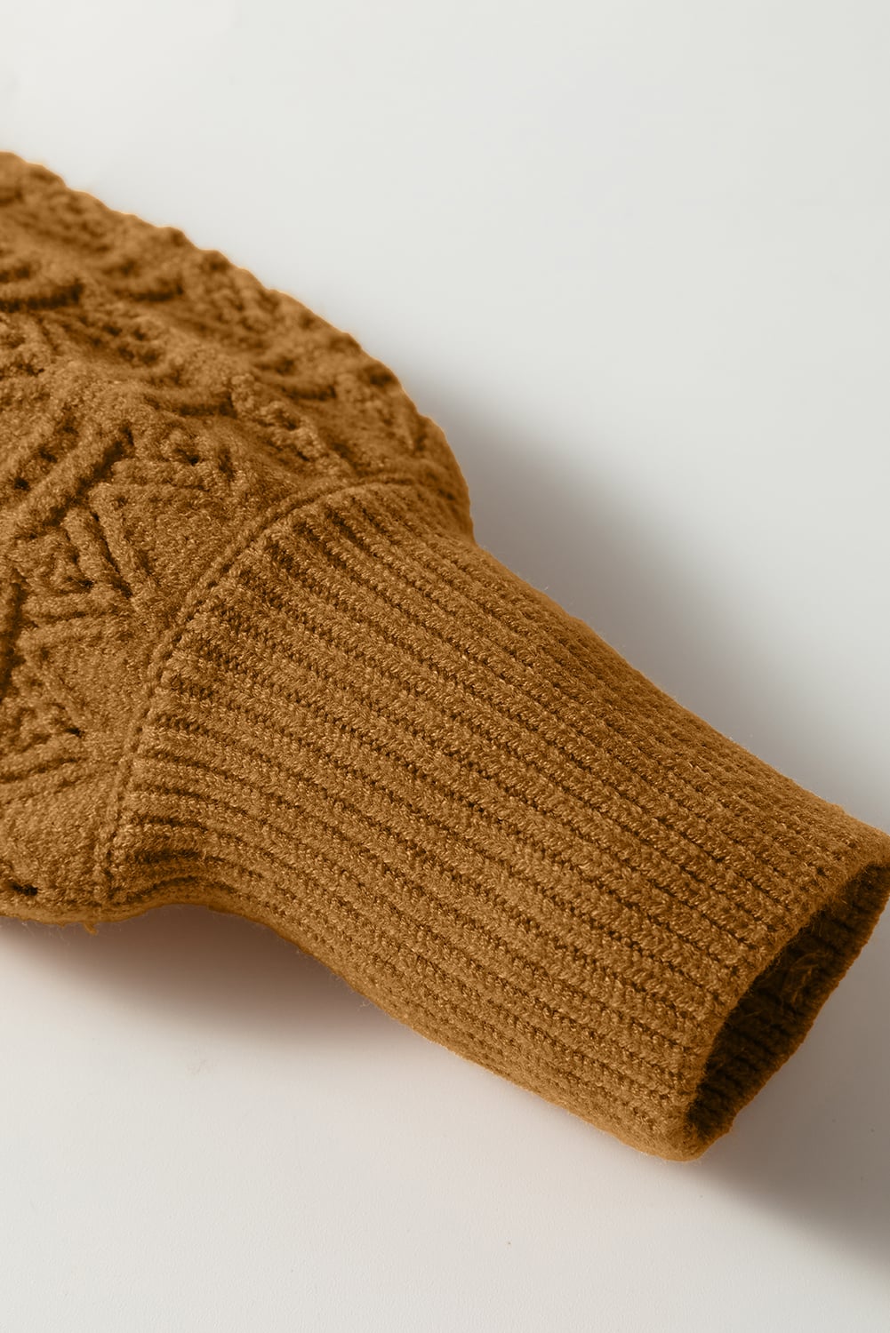 Jurassic Gold Hollow Out Crochet Ribbed Edge Balloon Sleeve Sweater
