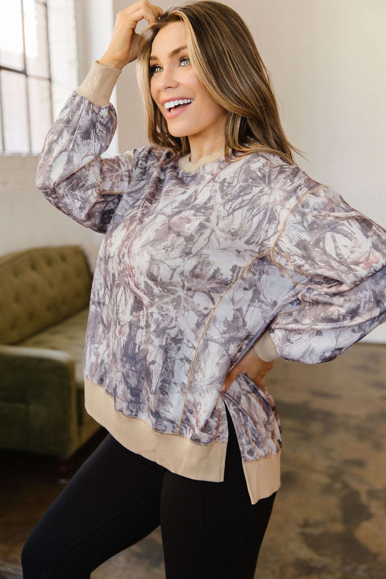 Khaki Abstract Camo Print Colorblock Trim Side Split Tunic Sweatshirt