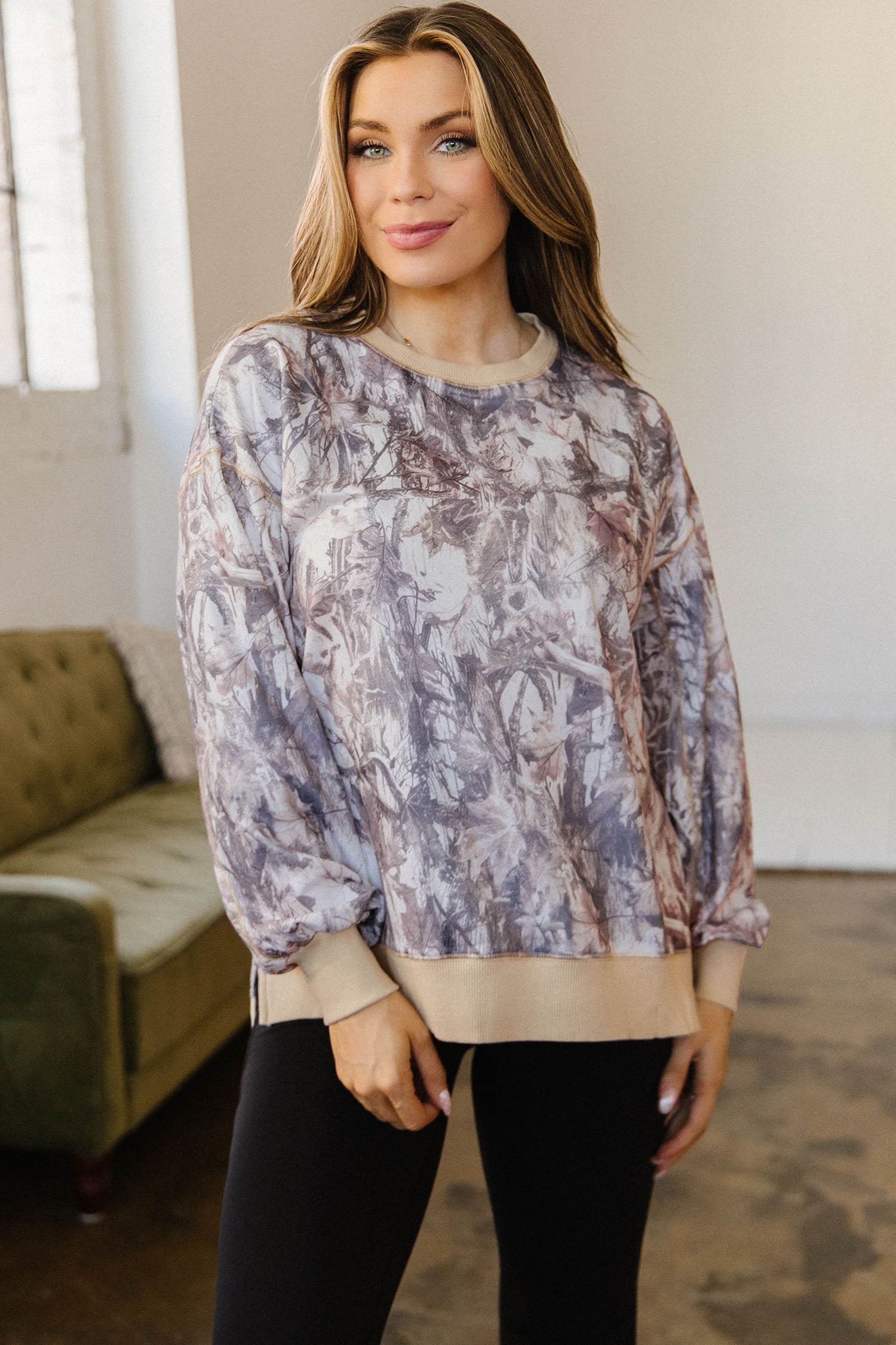 Khaki Abstract Camo Print Colorblock Trim Side Split Tunic Sweatshirt