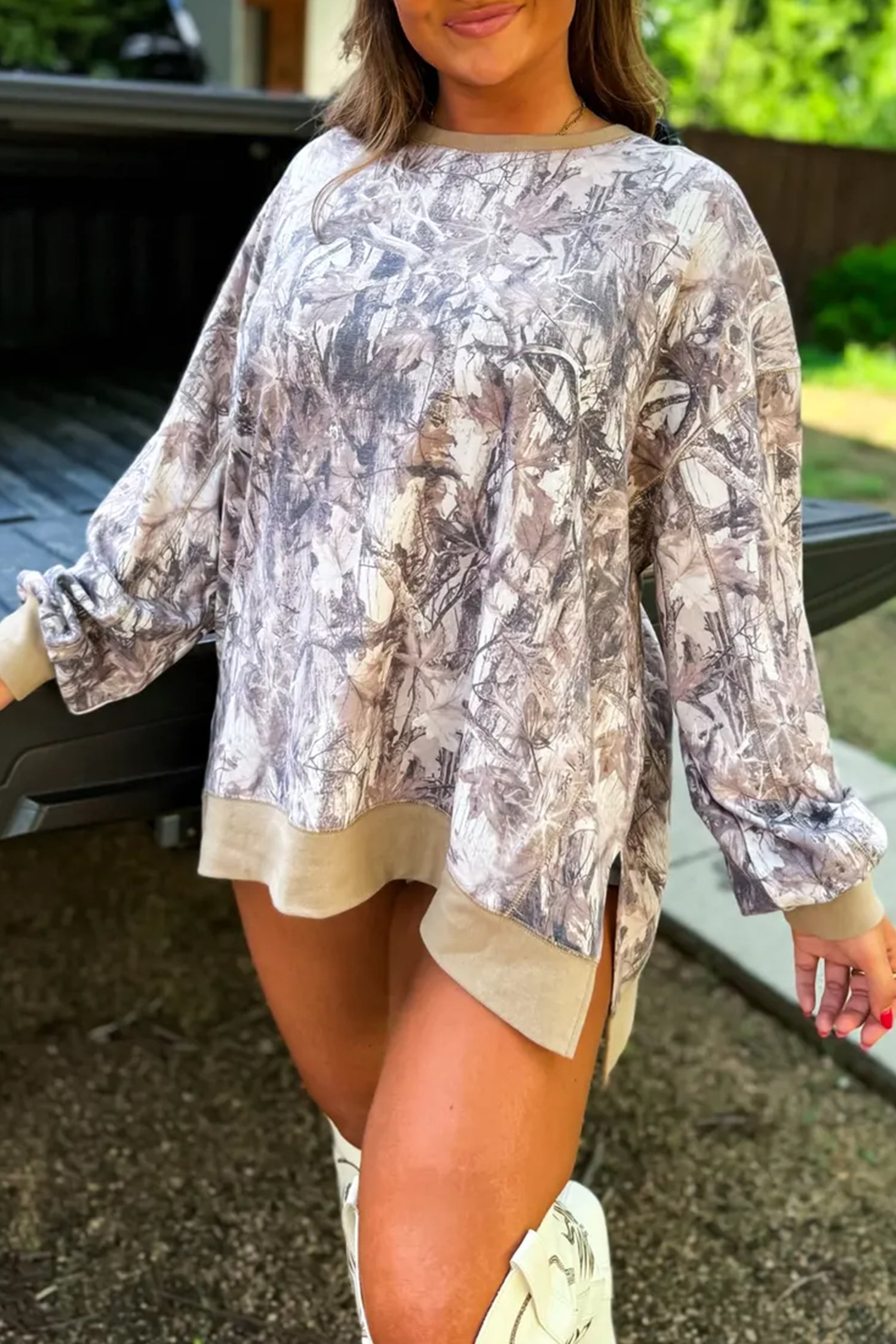 Khaki Abstract Camo Print Colorblock Trim Side Split Tunic Sweatshirt